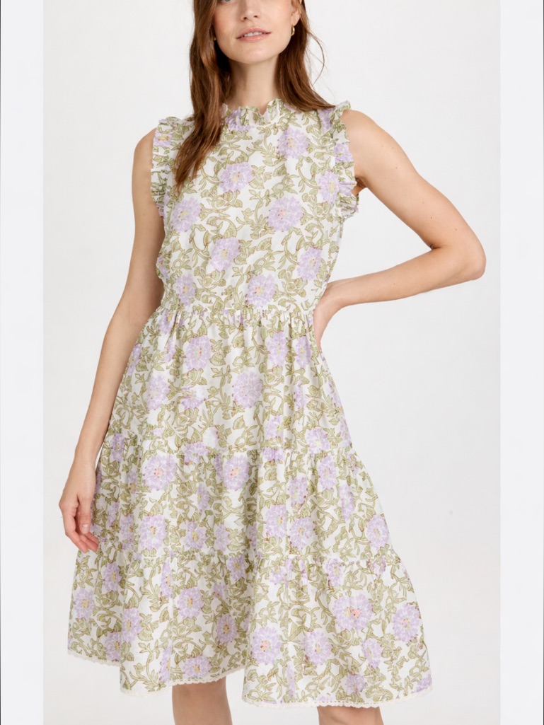 Roller Rabbit Daphne Naoki Cottage Tiered Floral Midi Dress Xs Lavendar Green